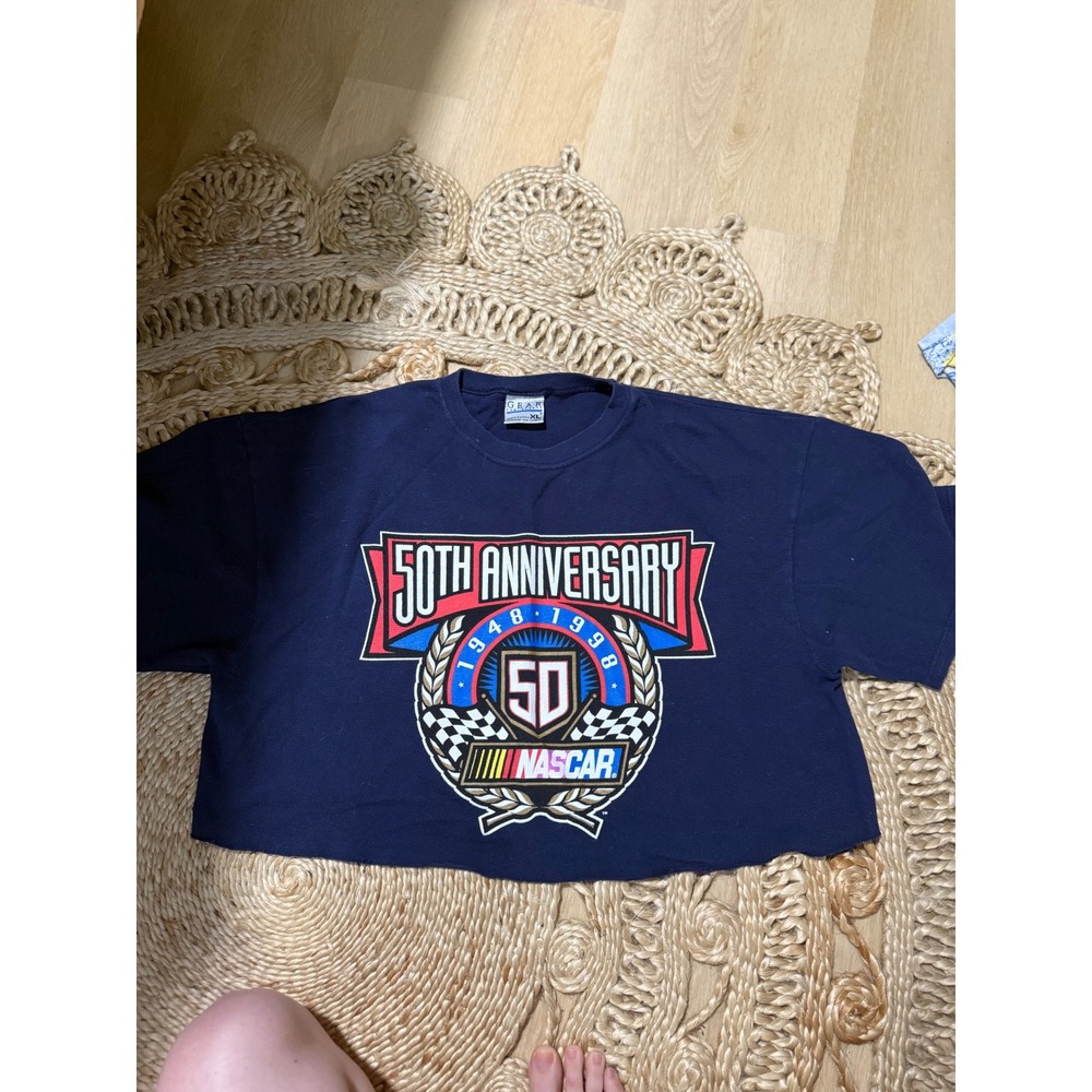 Vintage NASCAR 50th Anniversary Cropped T-Shirt Navy Blue Gear For Sports XL